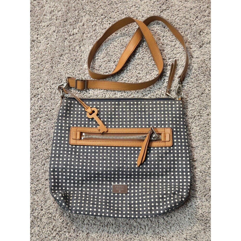 Fossil Dawson Polka Dot Crossbody Handbag Grayish Blue white Key-per canvas